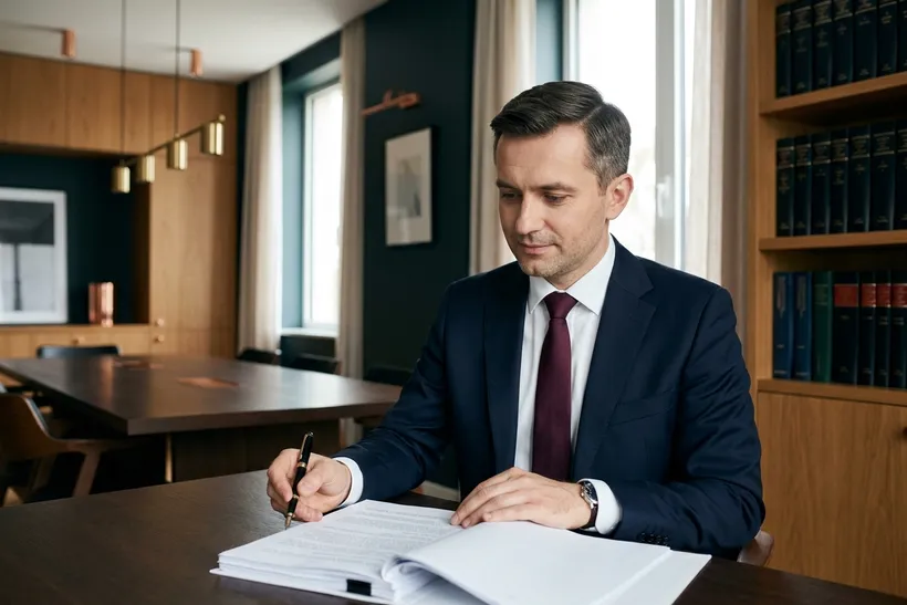 Adwokat przy biurku analizuje akta sprawy